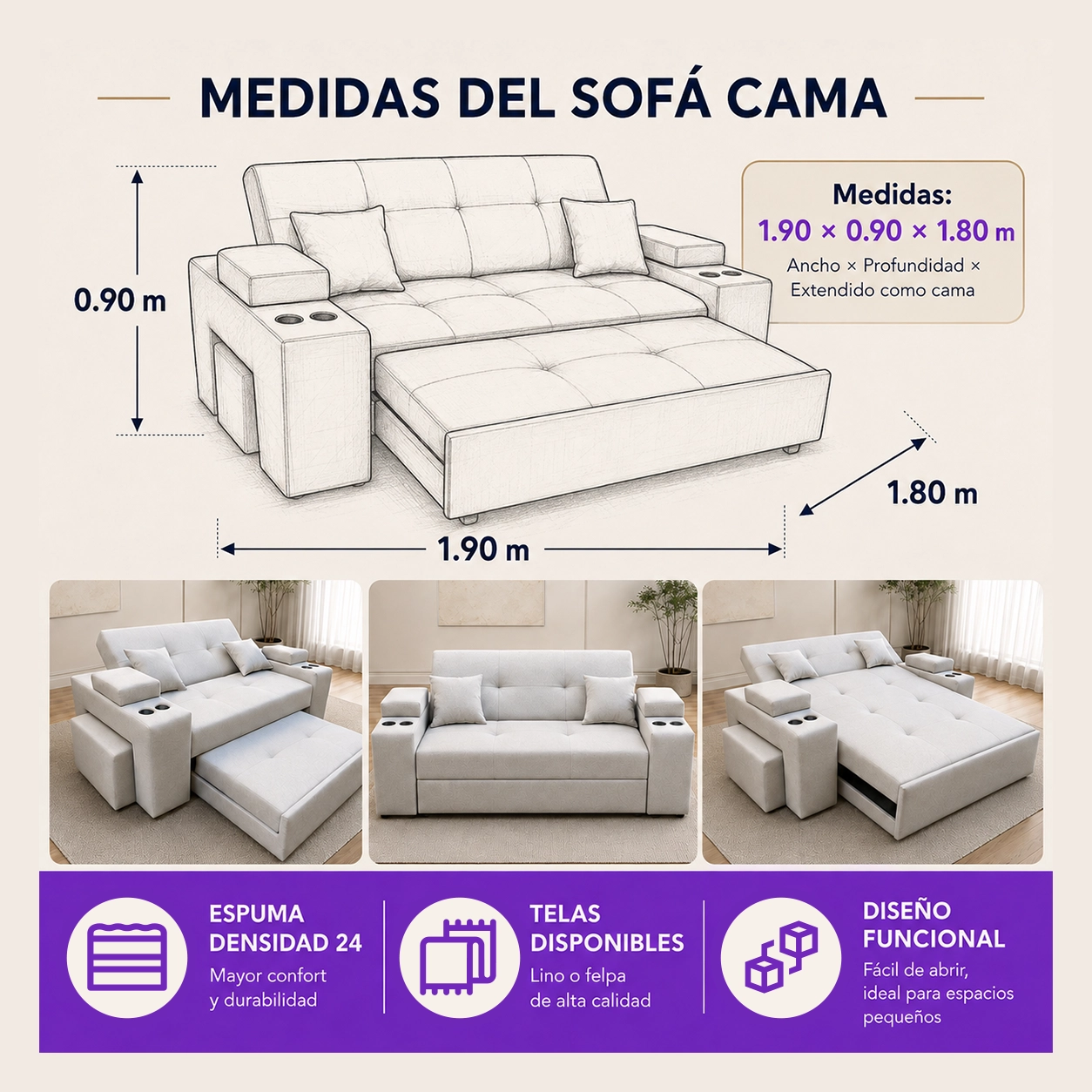 Sofá Cama Smart 2 Cuerpos + 2 Puffs - Imagen 2
